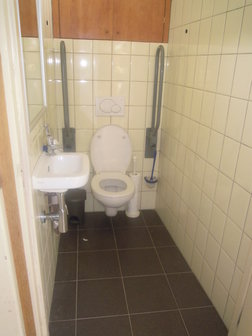 wij hebben een ruim invalide toilet met verstelbare beugels